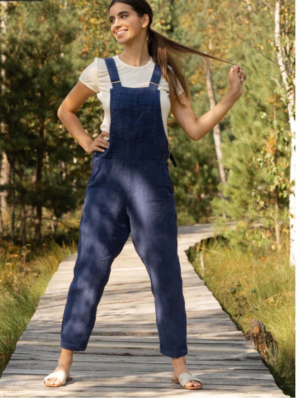 Menique Linen Pinafore Jumpsuit Nicci Storm Blue Navy Size Medium